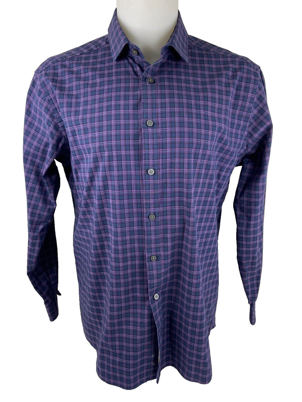 Jos A Bank Men Large Traveler Long Sleeve Shirt Blue Purple Check